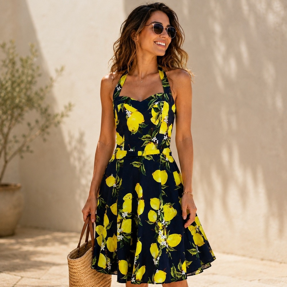 Topdress 2XL Lemon Halter Smocked Corset Back Retro Fit & Flare Dress (K553)‎